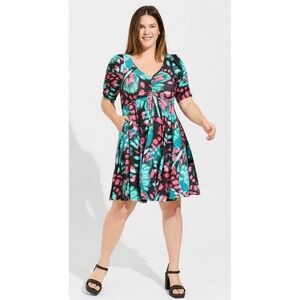 Torrid 2 Floral Butterfly Mini Studio Knit Cinch‎ Front Skater Dress 2x  18 20